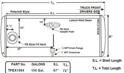 Peterbilt 379 1985-2007 Right Fuel Tank for a Alum Cylinder Peterbilt 145-154 GALLON