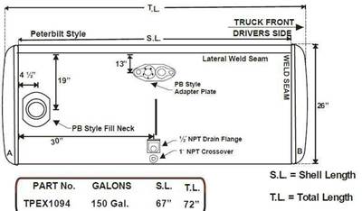 Peterbilt 379 1985-2007 Right Fuel Tank for a Alum Cylinder Peterbilt 145-154 GALLON