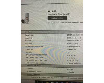 Cummins Fuel Filter 10 Micron, Part # FS1000