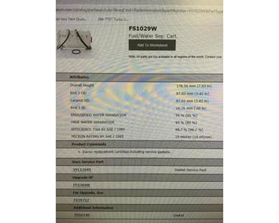 Fuel Filter W/S 10 Micron Upgrade with FS19727, Part # FS1029W