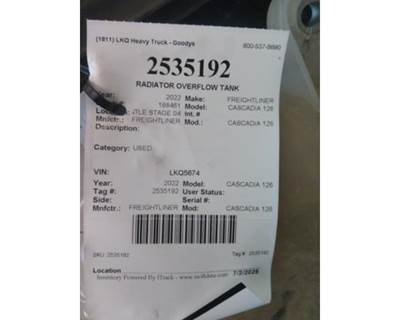 Freightliner Cascadia 126 Radiator Overflow Bottle / Surge Tank