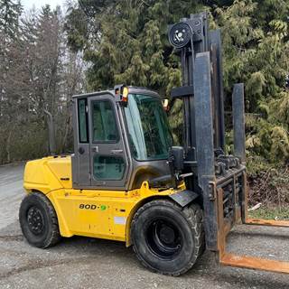 2017 Hyundai 80D-9 Pneumatic Tire Forklift - 17,500 lbs capacity, 177" simplex mast, SS/FP, 48" Lumber Forks