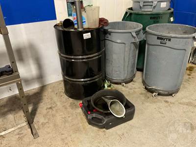 Approximately Half Full 55 Gal Majestic Premium 5W-30 Oil, Drain Pans, Funnel