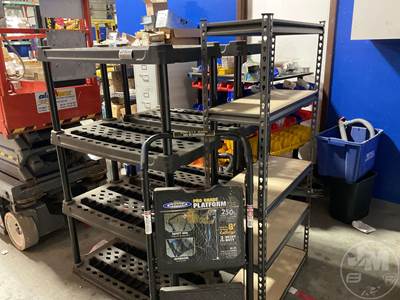 Two 4 Tier Plastic Shelves, One Metal Five Tier Shelf, Stepladder