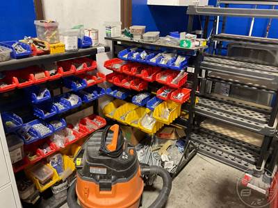 Two Racks With Storage Bins With Misc Electrical Supplies, Nuts, Bolts, Screws,