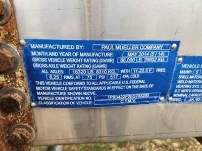 2014 PAUL MUELLER COMPANY Tandem Axle Stainless Steel Food Grade Tanker Trailer - Air Ride, Fixed Axle
