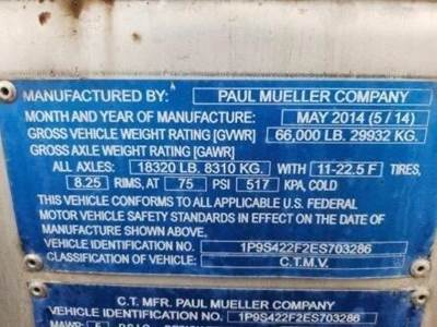 2014 PAUL MUELLER COMPANY Tandem Axle Stainless Steel Food Grade Tanker Trailer - Air Ride, Fixed Axle