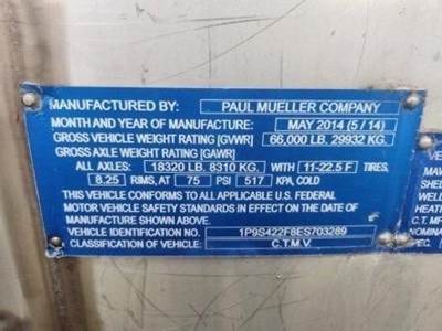 2014 PAUL MUELLER COMPANY Tandem Axle Stainless Steel Food Grade Tanker Trailer - Air Ride, Fixed Axle