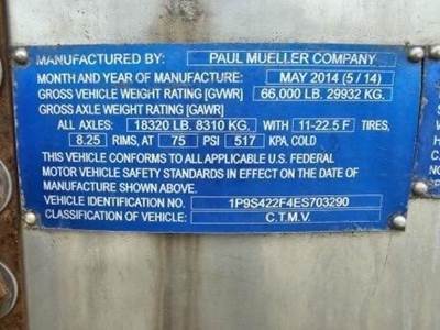 2014 PAUL MUELLER COMPANY Tandem Axle Stainless Steel Food Grade Tanker Trailer - Air Ride, Fixed Axle