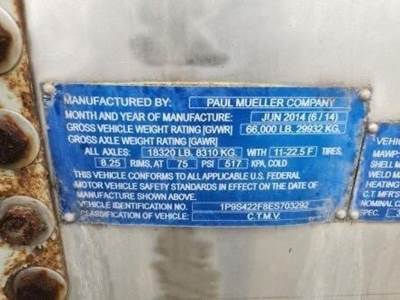 2014 PAUL MUELLER COMPANY Tandem Axle Stainless Steel Food Grade Tanker Trailer - Air Ride, Fixed Axle