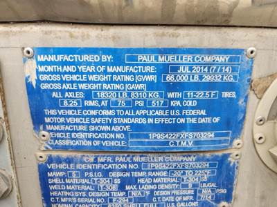 2015 PAUL MUELLER COMPANY Tandem Axle Stainless Steel Food Grade Tanker Trailer - Air Ride, Fixed Axle