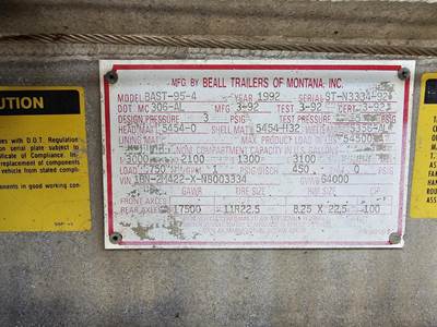 1992 Beall Tandem Axle Aluminum Fuel Tanker Trailer - Spring, Fixed Axle