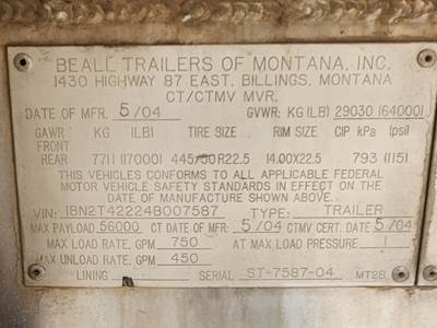 2004 Beall Tandem Axle Aluminum Fuel Tanker Trailer - Air Ride, Fixed Axle
