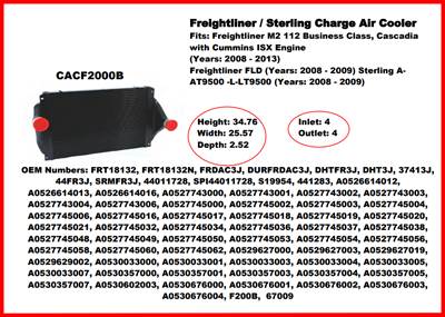 New Aftermarket Charge Air Cooler for 2008-2013 Freightliner M2-112, Cascadia, FLD & 2008-2009 Sterling A-AT9500, L-LT9500