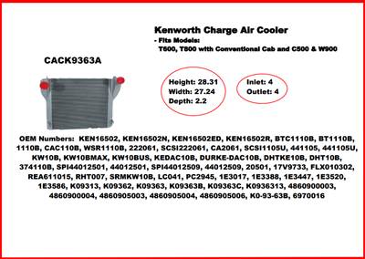 New Aftermarket Charge Air Cooler for Kenworth T600, T800, C500, & W900 Models