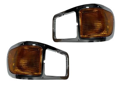 New Aftermarket Pair of Chrome Headlight Bezels w/Marker Light for 2000-2015 Ford F650/F750/F850