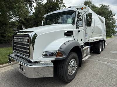 Mack Granite 64BR Tandem Axle Side Load Garbage Truck - MP7, 375HP, 6 Speed Allison Rds Automatic